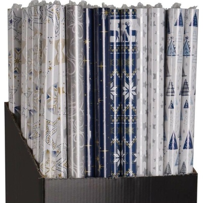 Vianočný baliaci papier v rolke 0,7 x 2m, rôzne strieborné/modré motívy