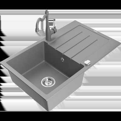 Bruno гранитна кухненска мивка с 1 камера с отцедник и кухненски смесител Carla, сив - 6513-71-670700-71 (6513-71-670700-71)