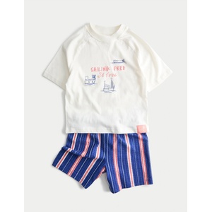 Marks & Spencer Пижама от чист памук с графика за плаване (1-8 години) Marks & Spencer синя Marks & Spencer | Sin | Момчешки | 3-4 години