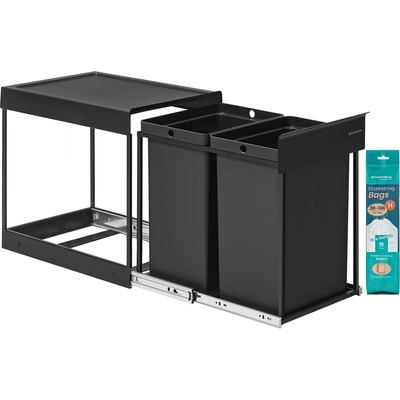 SONGMICS kitchen trash can, trash separation system for base cabinet, 2 x 20 L, trash can with 2 compartments, extendable, steel frame, ABS lid, ink black LTB951B01
