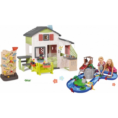 Smoby Set domček Priateľov s predzáhradkou a vodná dráha Adventure Friends House Life rozšíriteľný pod vodopádom a kuchynka s hracou stenou