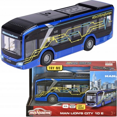 Autobus MAN Lion´s City 10 E Bus Majorette so zvukom a svetlom s gumenými kolieskami a otvárateľné dvere dĺžka 22,5 cm