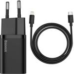 Baseus Мрежово зарядно устройство Baseus Super Si, 20W, С Кабел Type-C към Lightning, Черен - 40418