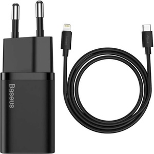 Baseus Мрежово зарядно устройство Baseus Super Si, 20W, С Кабел Type-C към Lightning, Черен - 40418