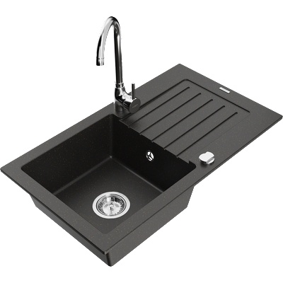 Mexen Pablo еднокамерна гранитна мивка с дренаж и кухненски смесител Telma, черен/златен - 6510-75-670200-00 (6510-75-670200-00)