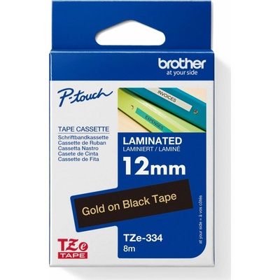 BROTHER TZE334 - kazeta TZ šířky 12mm, laminovaná TZE-334, černá / zlaté písmo - gold