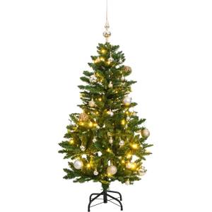 vidaXL Изкуствена коледна елха с шарнири, 150 LED и топки, 120 см (3210093)