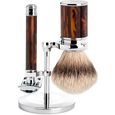 Sestava na holení Mühle Traditional - stojánek, strojek s uzavřenou hlavicí, štětka silvertip badger - želvovina