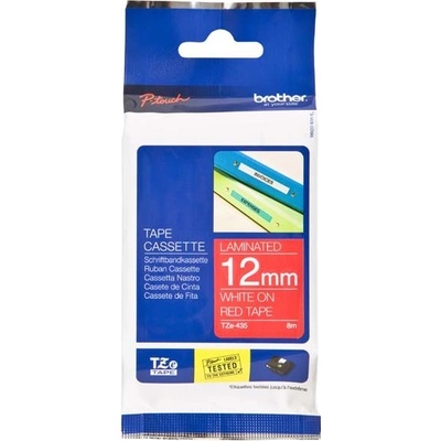 Páska do štítkovače Brother TZE-435, 12mm, bílý tisk/červený podklad, originál