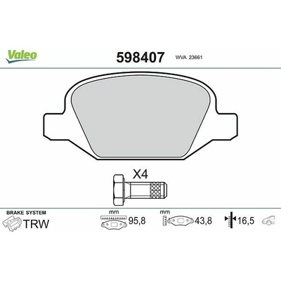Sada brzdových destiček, kotoučová brzda VALEO 598407