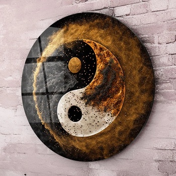 Art gift Кръгло стъклено пано Ин и Ян - злато и черно