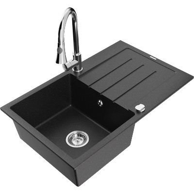 Mexen Bruno гранитна мивка с една купа с отцедник и кухненски смесител Elia, (6513-73-670101-00)