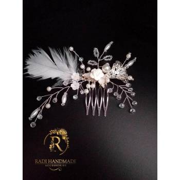 Image 1 of Radi handmade Гребенче с бели кристали и перо (501)