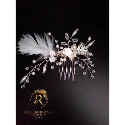 Radi handmade Гребенче с бели кристали и перо (501)
