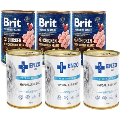 Brit Premium by Nature Chicken with Hearts 3 x 400 g & Enzo Vet hypoalergénne krmivo s morkou 3 x 400 g