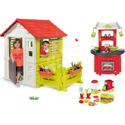 Smoby Set domeček Lovely s kuchyňkou v zahrádce a vaflovač s kávovarem a potravinami