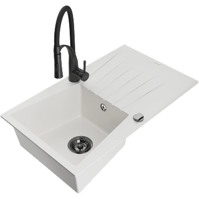 Mexen Cesar гранитна мивка 1-камерна с отцедник и кухненски смесител Aster, бял - 6514-20-73450-70-B (6514-20-73450-70-B)