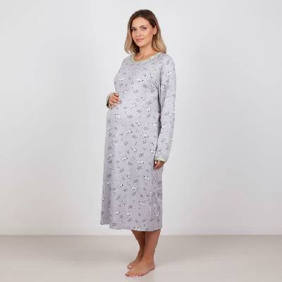 Макси нощница с дълъг ръкав за кърмачки в сиво с котета