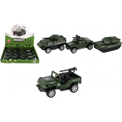 Teddies Auto vojenské mini kov/plast 7-8cm na spätné natiahnutie 4 druhy 12 ks v boxe