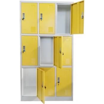 RFG Метален гардероб RFG с девет клетки, троен, с размери 90 x 45 x 185 cm, сив корпус и врати с жълт цвят