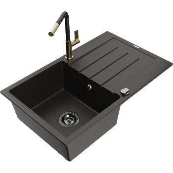 Mexen Bruno гранитна мивка с една камера и оттичане и кухненски смесител Flora, черен/златен металик - 6513-75-670401-57-B (6513-75-670401-57-B)