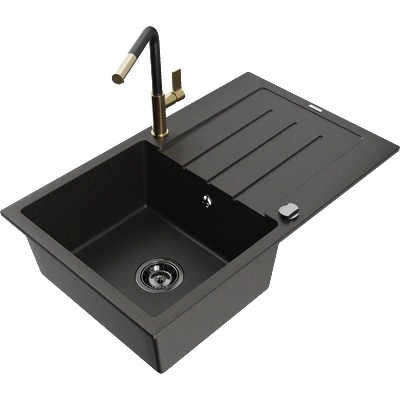 Mexen Bruno гранитна мивка с една камера и оттичане и кухненски смесител Flora, черен/златен металик - 6513-75-670401-57-B (6513-75-670401-57-B)