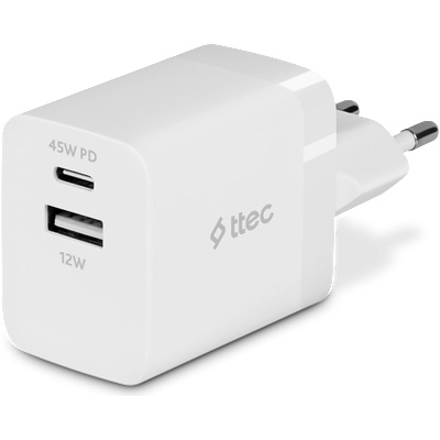 Ttec Зарядно 220V ttec SmartCharger Duo PD 45W Travel Charger USB-C+USB-A - Бяло