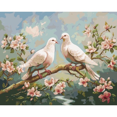 ZUTY BIELE HOLUBICE NA ROZKVITNUTOM KONÁRI A RIEKA Rámovanie vypnuté plátno na rám Rozmer 80 x 100 cm