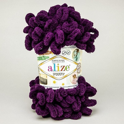 Příze s oky Alize PUFFY pro ruční pletení bez jehlic 111 tmavě fialová, efektní, 100g/9,2m