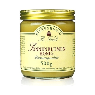 Rüdiger Feldt Imkerei + Bienenprodukte Med slunečnicový žlutá barva slunce jemný krémový jemné aroma 500 g