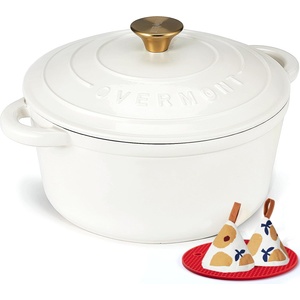 Overmont roasting pan enamel cast iron pot - casserole dish 26cm oven-safe - with lid and cookbook - for kitchen baking stewing roasting pearl white - 26DOPW (26DOPW)