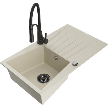 Mexen Cesar гранитна кухненска мивка с 1 камера с отцедник и кухненски смесител Aster, бежов - 6514-69-73450-70-B (6514-69-73450-70-B)