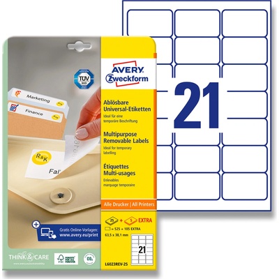 Avery Zweckform L6023REV-25 nepermanentní etikety 63,5 x 38,1 mm 630 etiket bílé