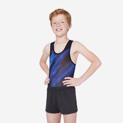Domyos chlapčenský dres na gymnastiku čierno-modrý s potlačou modrá