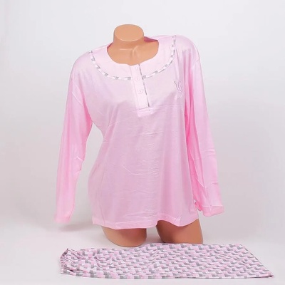 Дамска макси пижама в розово с каре и бродерия