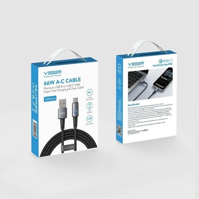 Veger AC1-ZSD s LED světelným indikátorem USB-A na Type-C PD 3A 66W 1,2m černý