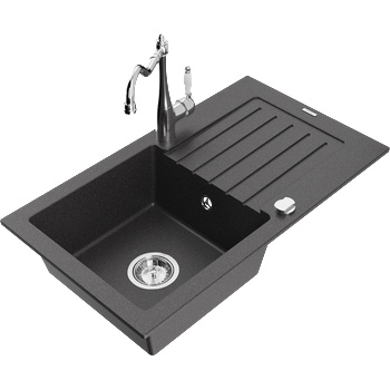 Mexen Pablo гранитна мивка с 1 корито с отцедник и кухненски смесител Carla, черен с пръски - 6510-76-670700-00 (6510-76-670700-00)