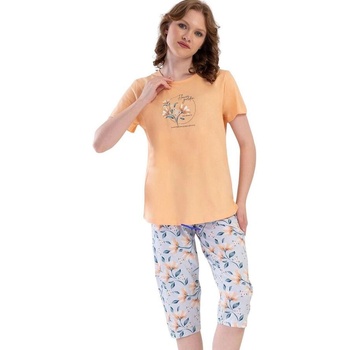 Дамска лятна макси пижама в цвят пъпеш и синьо на цветя