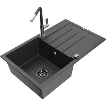 Mexen Bruno гранитна кухненска мивка с 1 корито с отцедник и кухненски смесител Flora, черен на пръски - 6513-76-670401-08-B (6513-76-670401-08-B)