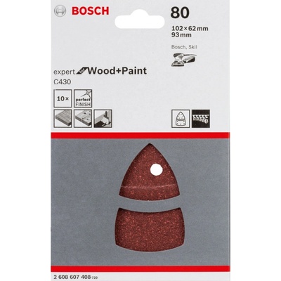 Brusné papíry pro delta brusky, 11otvorů Bosch /bal.10ks/, Expert for Wood 102 x 62, 93 mm, 180 Dostupné varianty: 1 x Brusný papír - Bosch C430 102 x 62/93 mm/hrubost 80