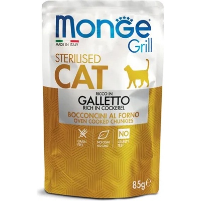 Gemon Monge Grill Sterilised Cat - Chunkies in Jelly - Cockerel - Премиум пауч за кастрирани израснали котки, без зърно, с месо от младо петле, 85 гр