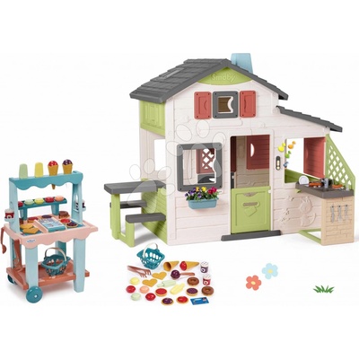 Smoby Set domeček Přátel a stánek se zmrzlinou a vaflemi Friends House Life rozšiřitelný s kuchyňkou a elektronickým zvonkem