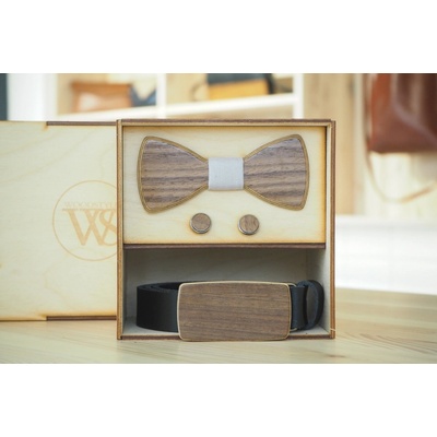 Wood Style Set Kulatý Ořech americký opasek motýlek a manžetové knoflíčky Šedá