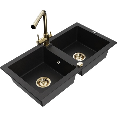 Mexen Mario двукоморна гранитна мивка с кухненски смесител Duero, черен - 6504-77-671600-50 (6504-77-671600-50)
