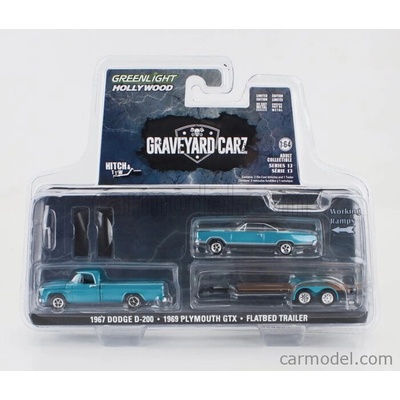 Greenlight Dodge D-200 Pick-up 1967 With Trailer + Gtx Coupe 1969 Graveyard Carz Blue Met 1:64