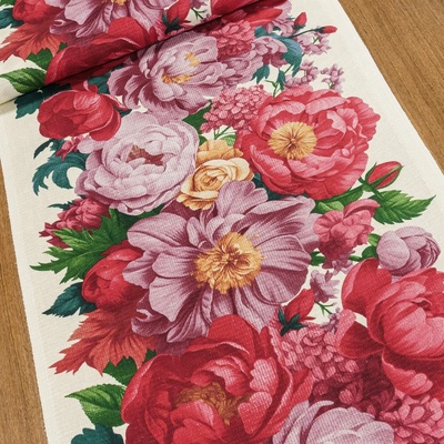 Bavlněné plátno vaflovina, utěrkovina / štola na metráž 703023/29428-2, červené květy na smetanové, š. 50cm (látka v metráži)