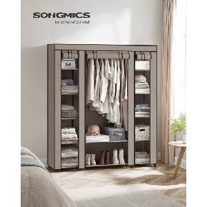 SONGMICS wardrobe, fabric wardrobe, with non-woven fabric cover, folding wardrobe with clothes rail, 45 x 150 x 175 cm, 12 shelves, metal frame, wardrobe for bedroom, taupe LSF003R02