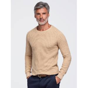 Ombre Clothing Мъжки пуловер от памучен структуриран плат - пясъчен V4 OM-SWSW-0119 Ombre Clothing Ombre Clothing | Bezhov | МЪЖЕ | S