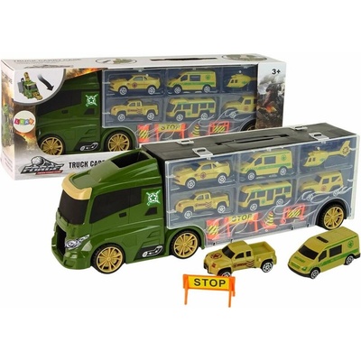 LEANToys Nákladní auto s přívěsem a 6 vojenskými vozidly