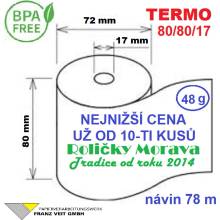 Termo kotouček 80/80/17 BPA 78m (80mm x 78m) Množství: 5 ks kotoučků ve fólii